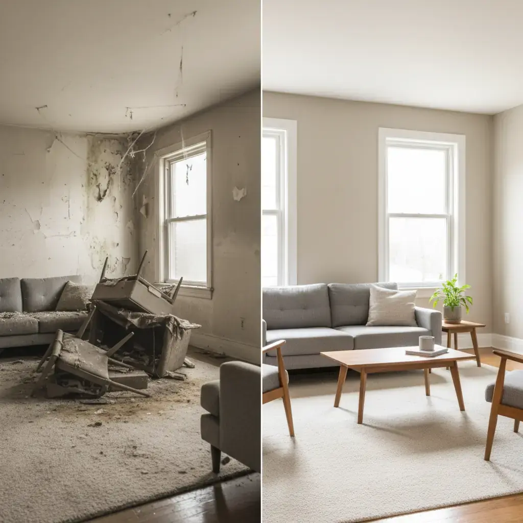 Cluttered room before debris removal